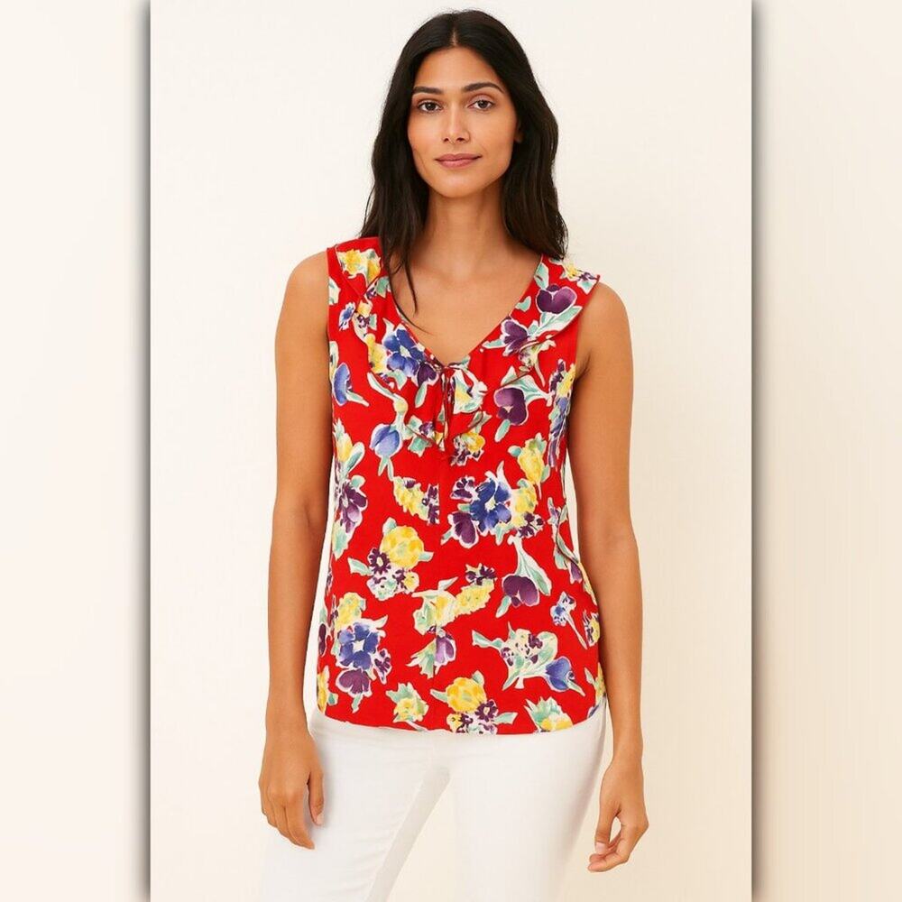 A356 • Red Floral Ruffle Tie Neck Sleeveless Cotton Top